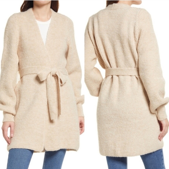 TOPSHOP Stone Sweater Knit Belted Balloon Sleeve Chunky Cardigan Size S - Picture 1 of 14